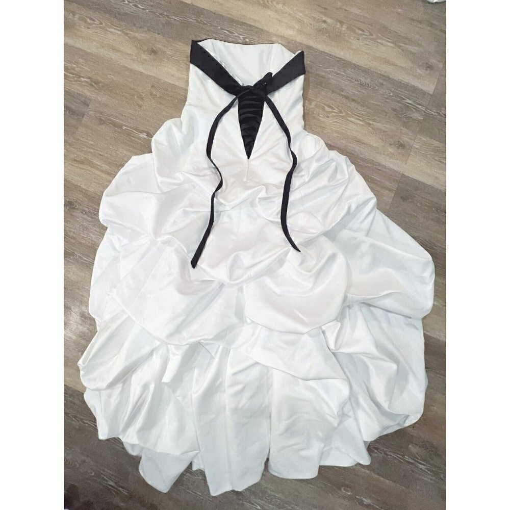 David's Bridal Sz 12 White Black Gathered Strapless Lace Up Corset Wedding Gown